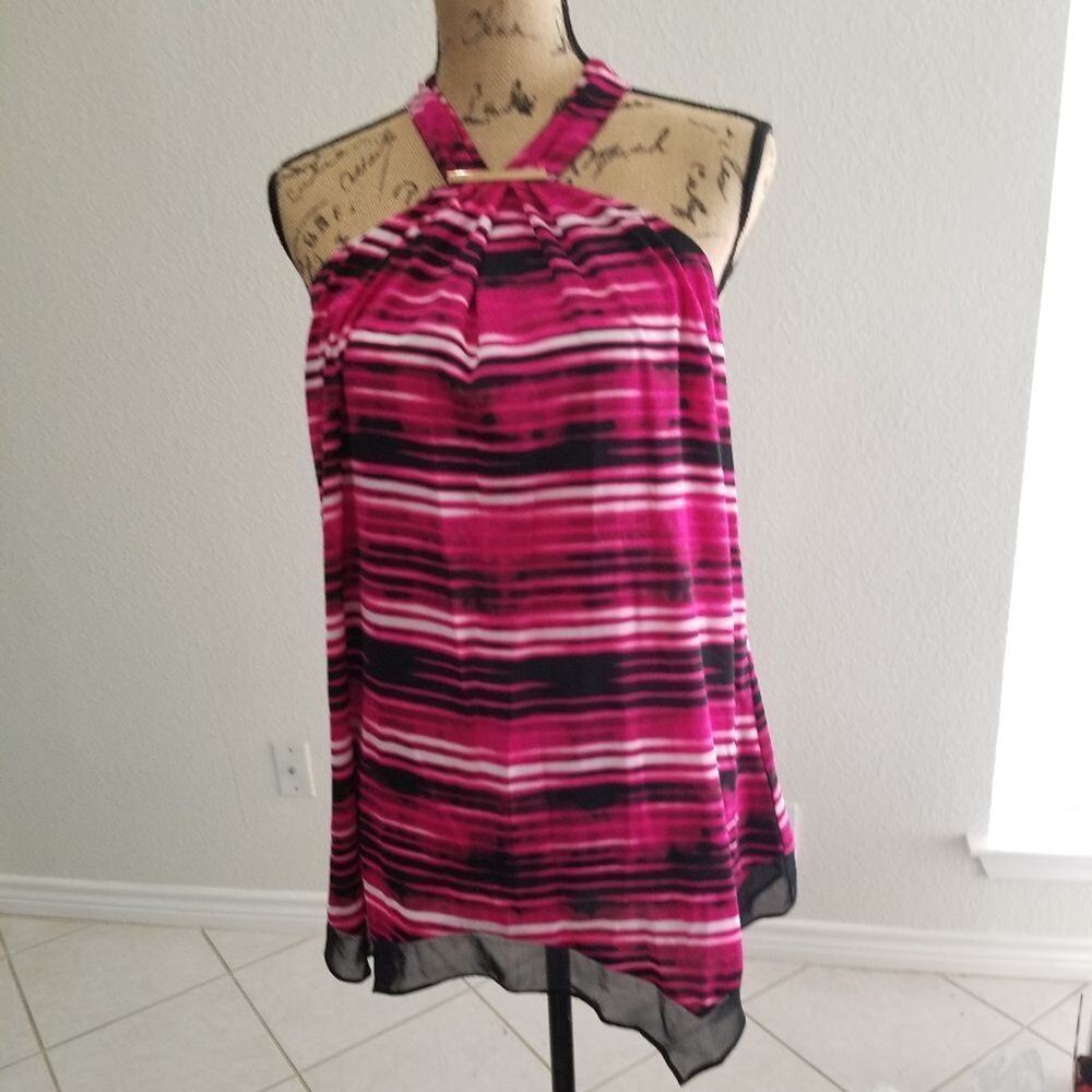 GORGEOUS high neck symmetrical hem striped shirt size medium NEW